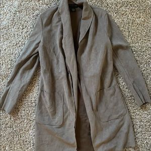 Joan Vass Long Polyester-Spandex Taupe Long Jacket w/ Pockets